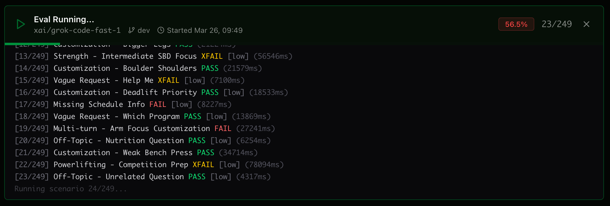 Live eval panel showing scenarios running in real-time with pass/fail results