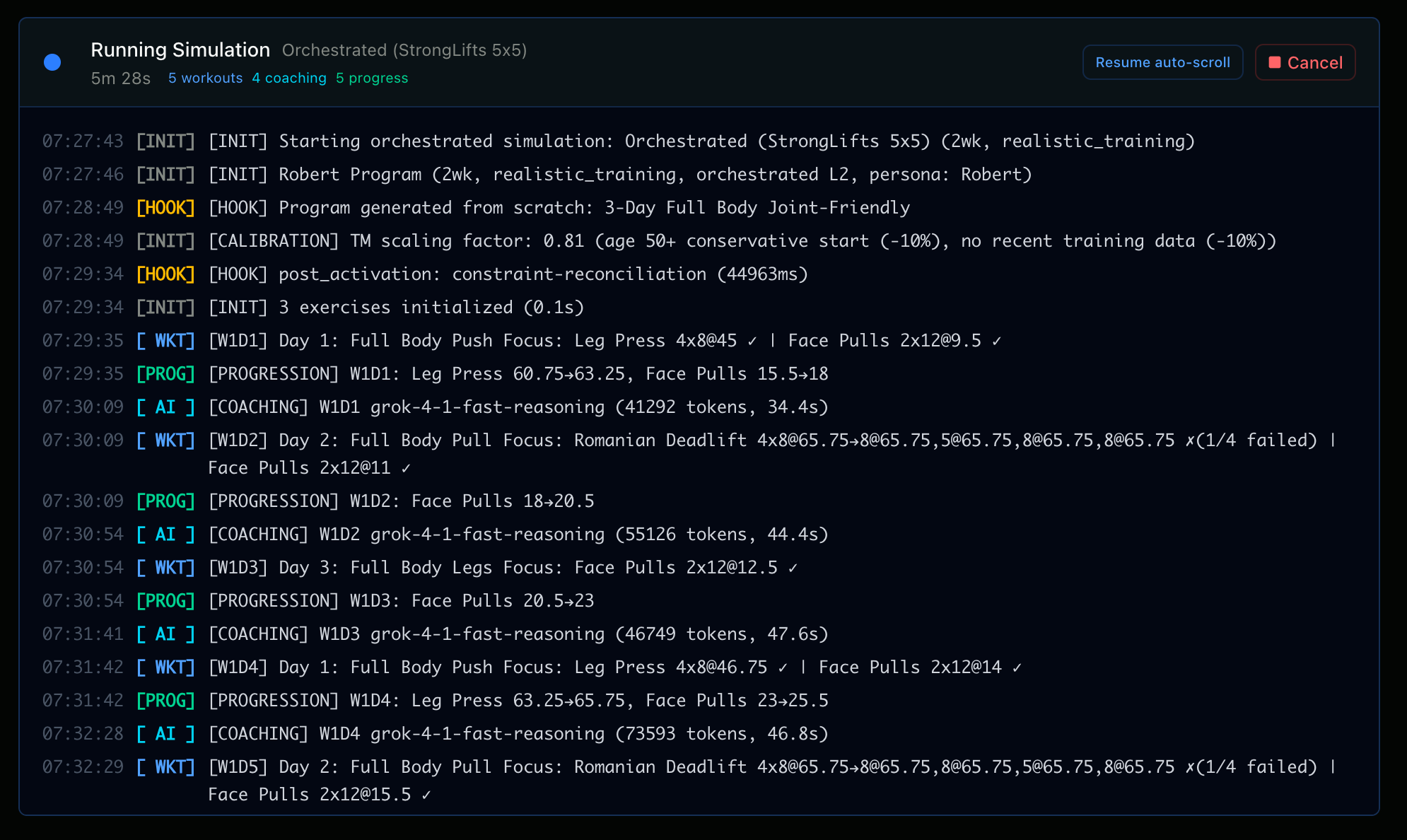 Robert's simulation running live, showing real-time coaching decisions